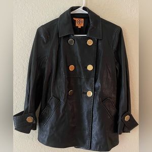 Tory Burch Black Leather Jacket. Gold Buttons. Two Front Pockets.Like New